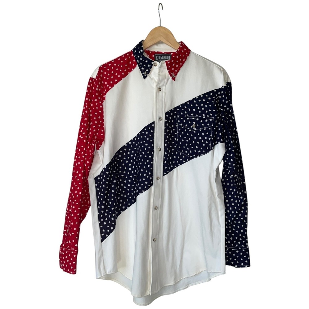 Vintage Roughrider Western Shirt‎ Men M Stars Red Blue USA Button Up Patchwork